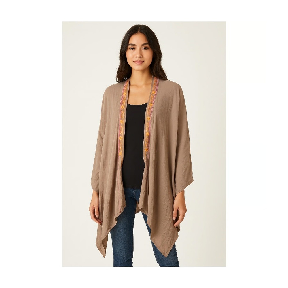 Umgee Women Kimono Cardigan Large Brown Boho Embroidered Open Front Draped
